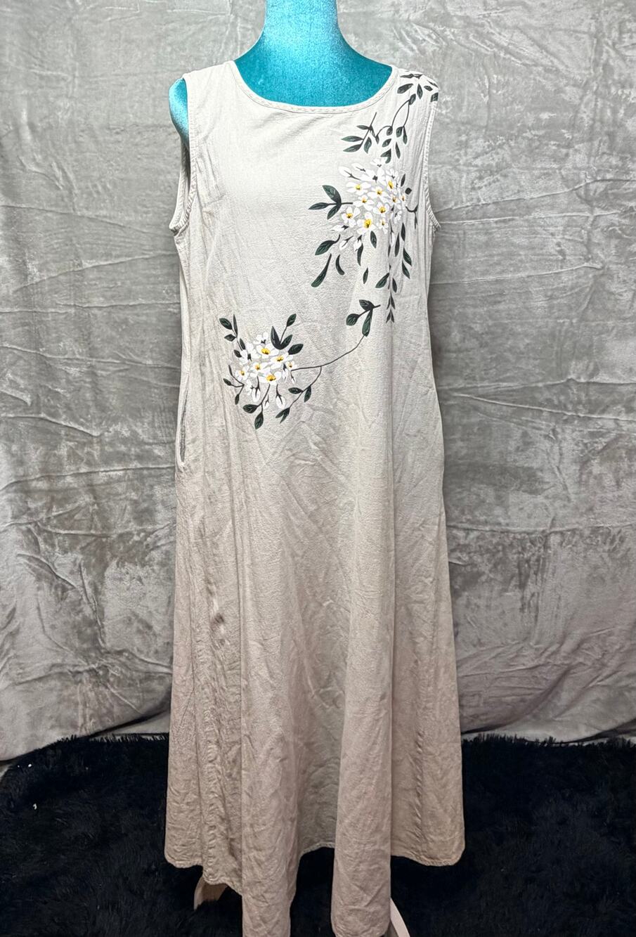Floral Sleeveless Midi Dress Beige Cottagecore Boho A-Line Relaxed Fit